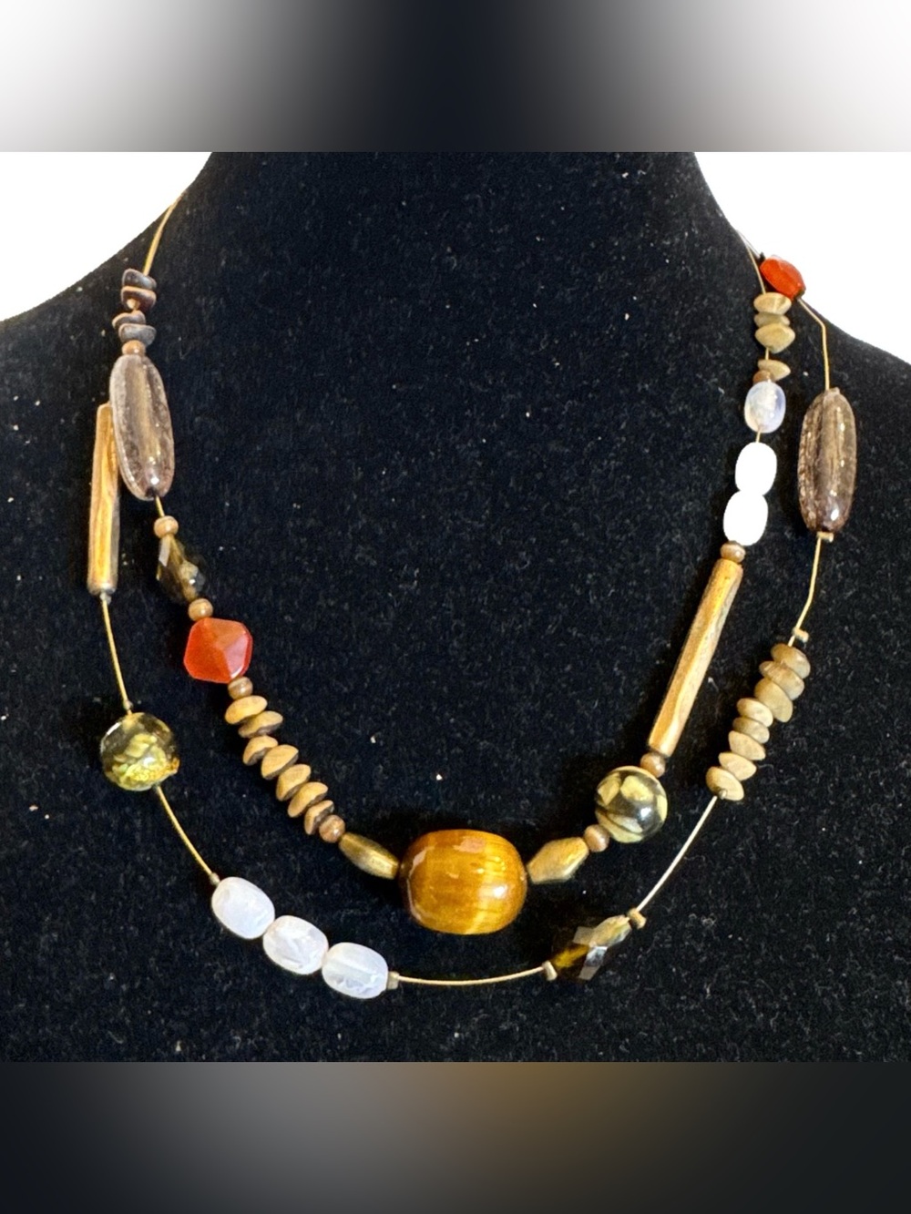 Chico's Layered Beaded Necklace Gold Tone Natural Stone Multi Wire Strand Boho